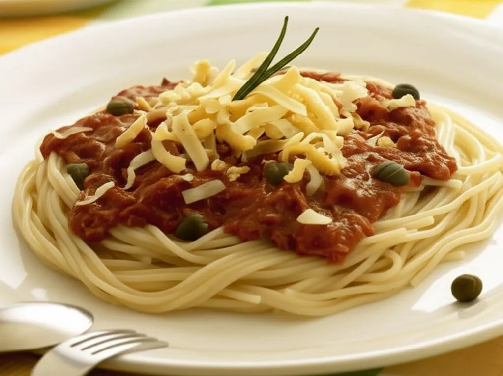 apetyczne spaghetti z tuńczykiem i kaparami na talerzu