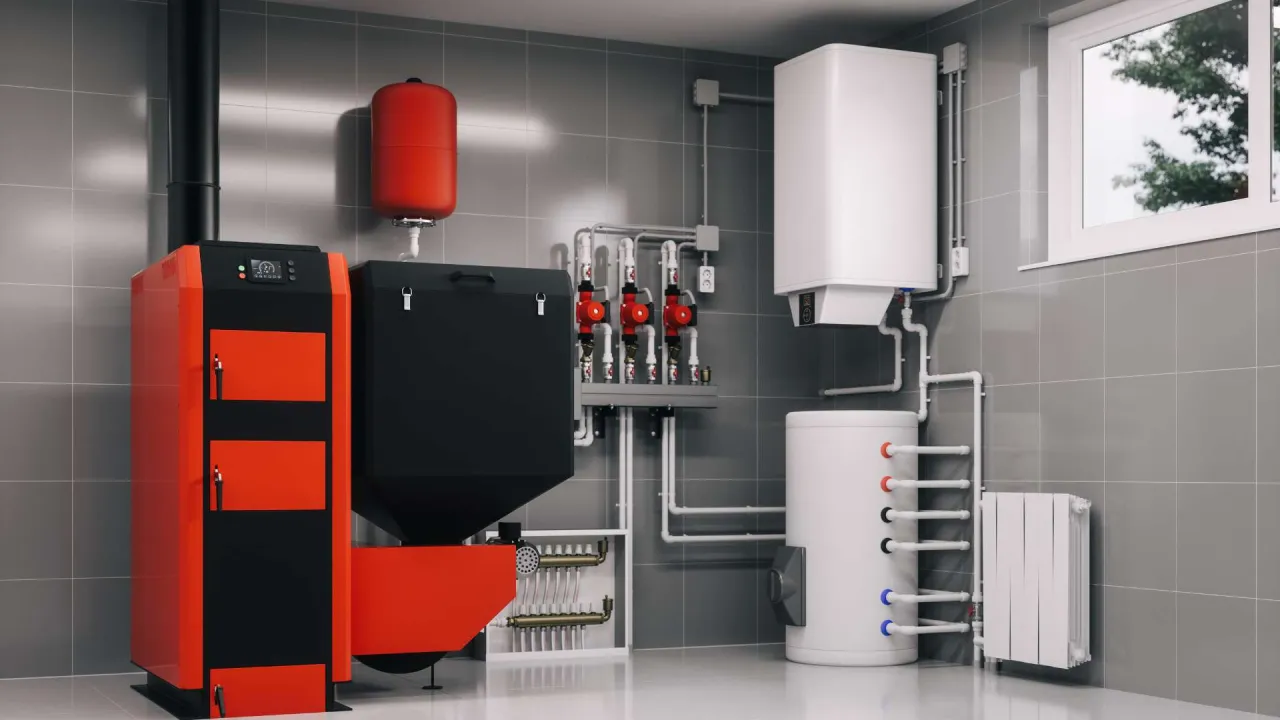 Nowoczesne kotły CO na pellet, bojler i grzejnik w kotłowni. Efektywne ogrzewanie domu.