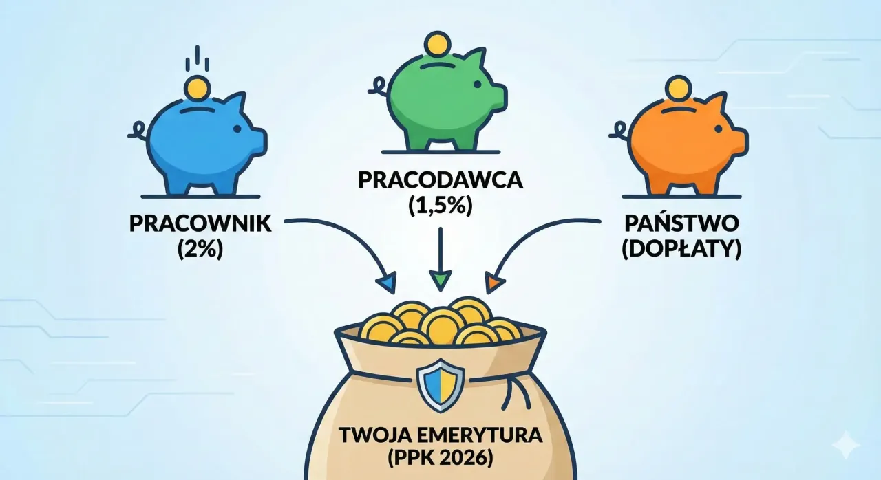 Trzy skarbonki (pracownik 2%, pracodawca 1,5%, państwo dopłaty) wrzucają monety do worka