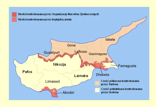 Mapa Cypru z zaznaczonymi regionami i strefą buforową
