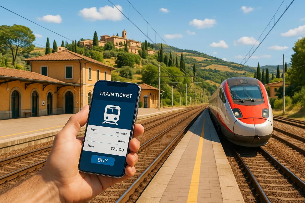 Chcesz wiedzieć, jak kupić bilet na pociąg we Włoszech? Na ekranie telefonu widzisz aplikację z trasą Florencja-Rzym i ceną 25 euro.