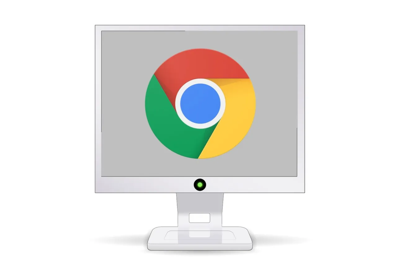Monitor z logo Google Chrome. Dowiedz się, jak zainstalować przeglądarkę Chrome, aby cieszyć się szybkim i bezpiecznym przeglądaniem.
