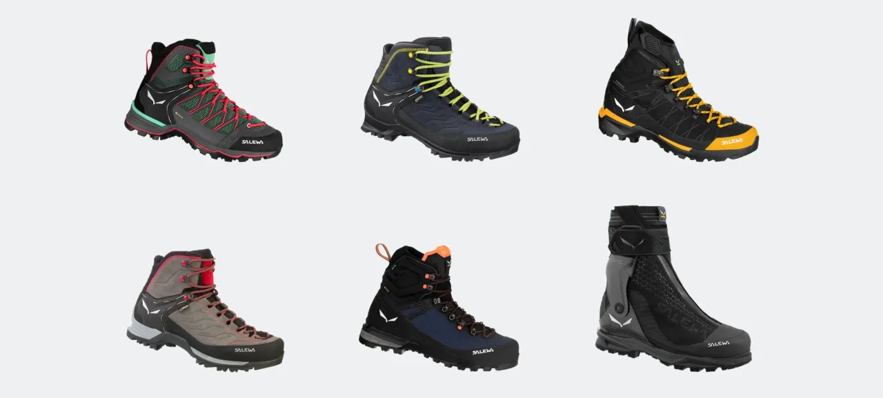Sześć par but&oacute;w Salewa, r&oacute;żne modele i kolory. Idealne buty w g&oacute;ry dla każdego turysty.