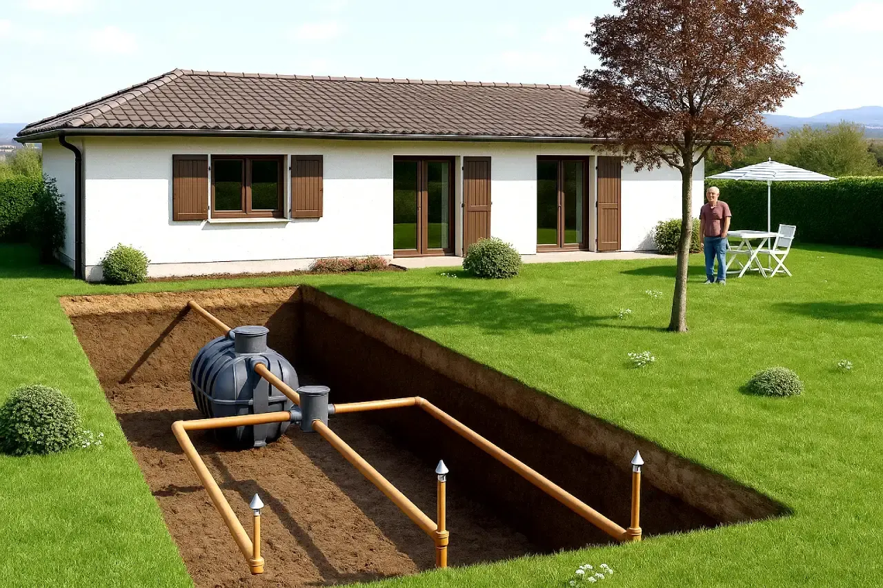 Dowiedz się, jak uzyskać dofinansowanie do przydomowej oczyszczalni ściek&oacute;w. Instalacja w ogrodzie obok domu.