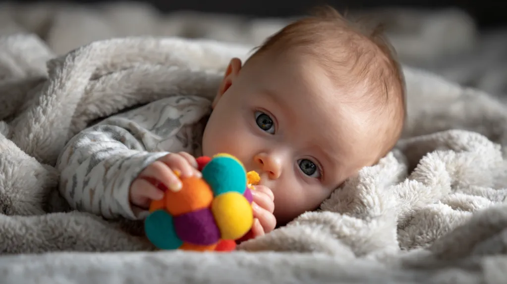 szczęśliwe 3-miesięczne dziecko bawi się rączkami