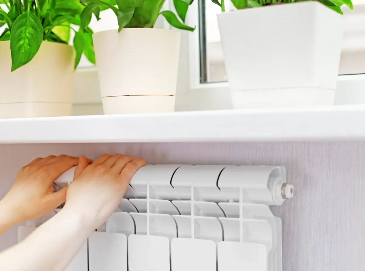 Dłonie dotykają grzejnika, sprawdzając, jaka powinna być temperatura w mieszkaniu. Nad nim stoją rośliny w doniczkach.
