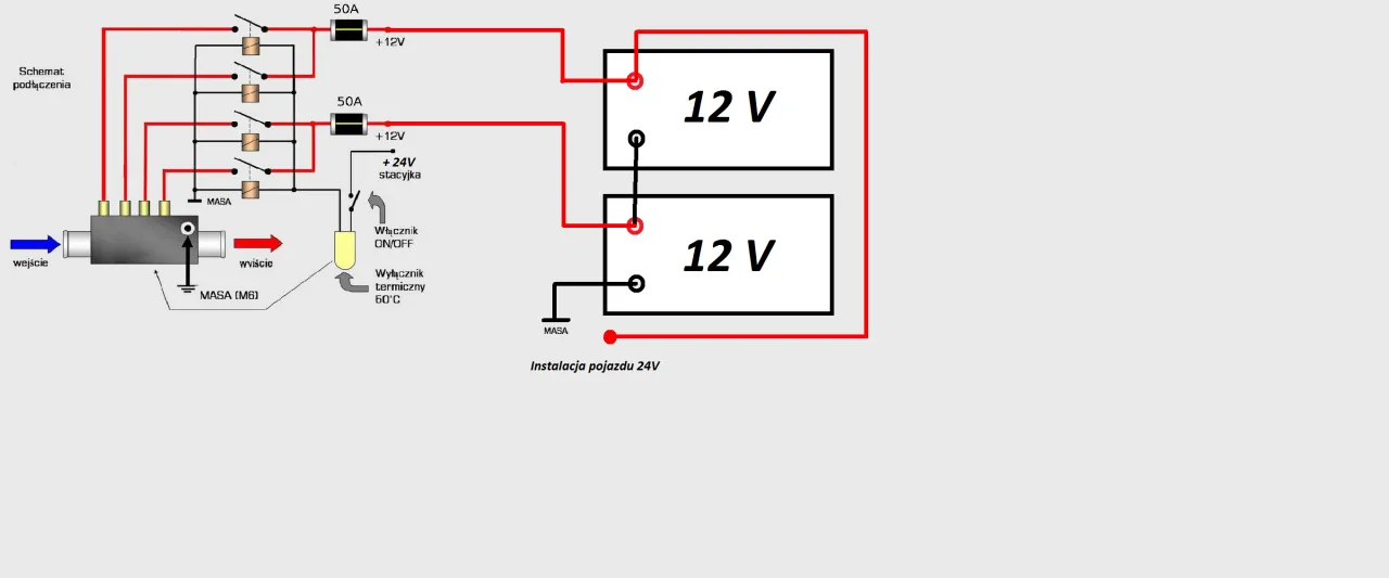 Schemat podłączenia kabli rozruchowych 24V ciężar&oacute;wka