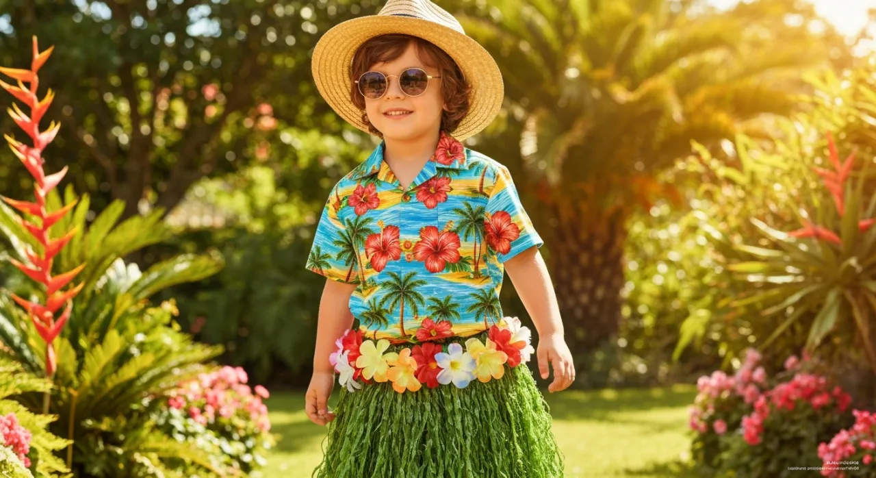 DIY rekwizyty strój hawajski chłopiec włócznia bębenek