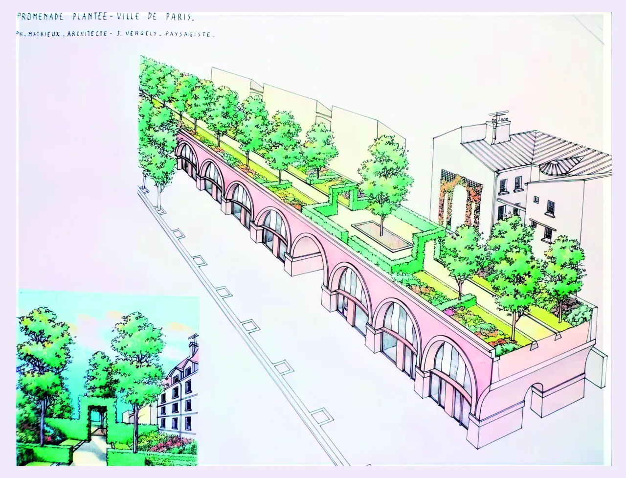 Wizualizacja Promenade Plantée w 12 dzielnicy Paryża: zielony park na łukach, drzewa i budynki.