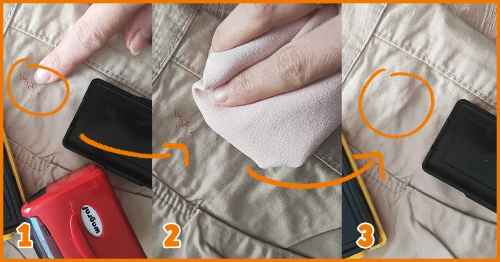 plama z tuszu na bluzie przed i po, usuwanie plamy