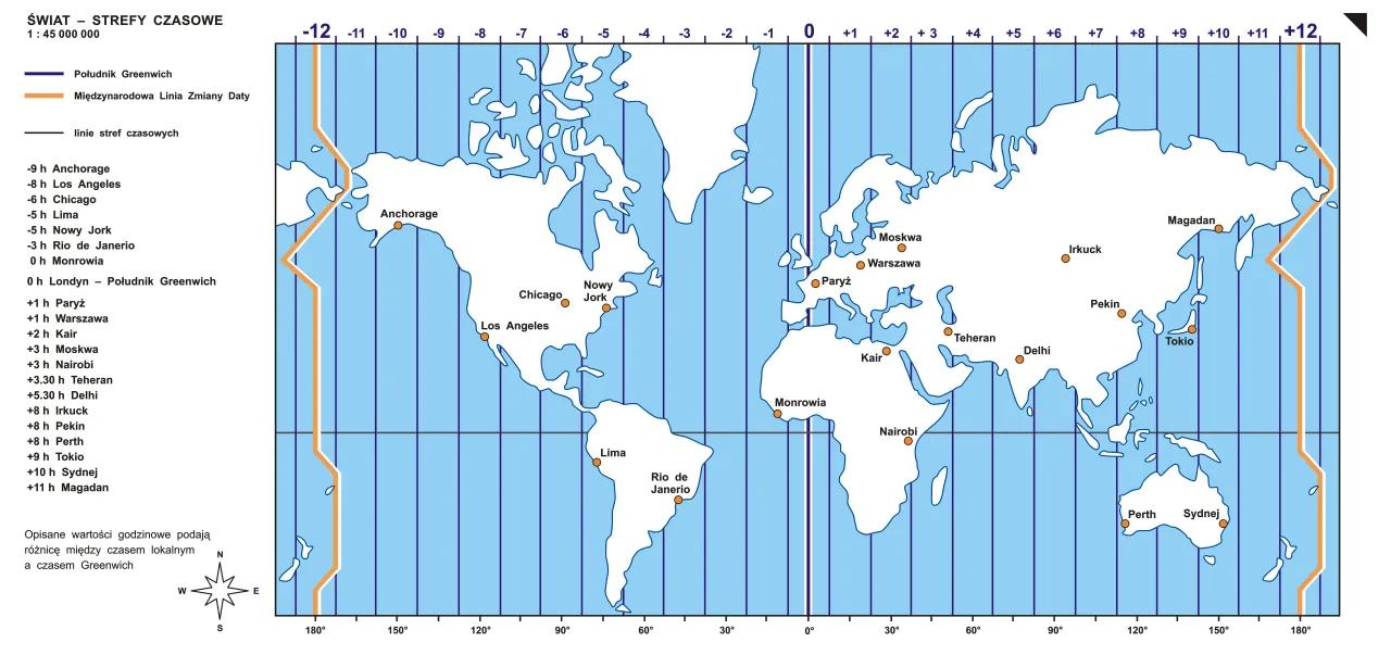 Mapa świata ze strefami czasowymi. Australia jest +8h (Perth) do +10h (Sydney) do przodu względem Londynu.