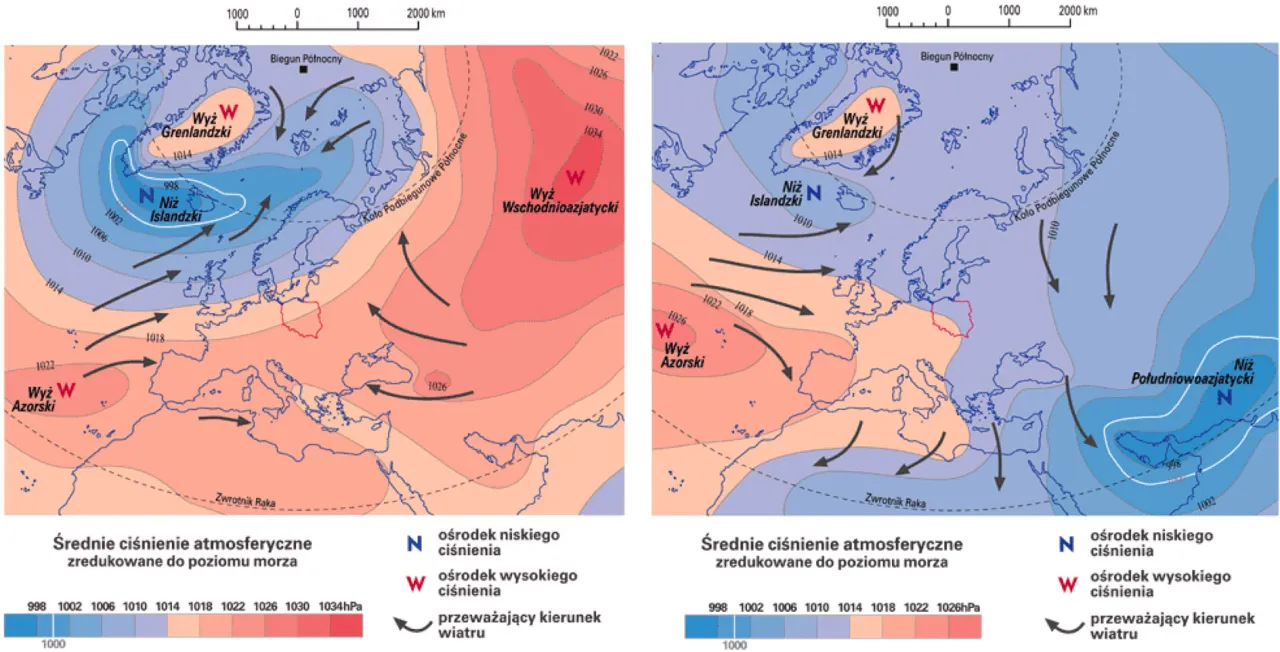Na mapach widać, gdzie jest wyższe ciśnienie w górach czy nad morze. Wyż Azorski i Wschodniopółnocnoatlantycki to obszary wyżu, a Niż Islandzki i Południowoazjatycki to obszary niżu.