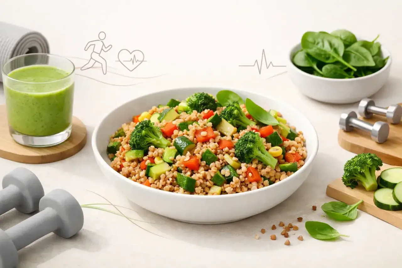 Kasza gryczana z warzywami, zielony koktajl i hantle – idealny zestaw na odchudzanie i zdrowy tryb życia.