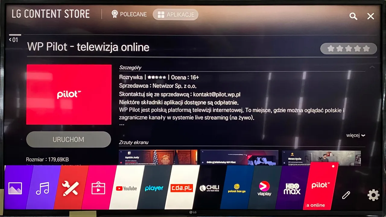 Ekran LG Content Store pokazuje aplikację WP Pilot. Dowiedz się, jak dodać aplikacje do TV LG, aby oglądać telewizję online.
