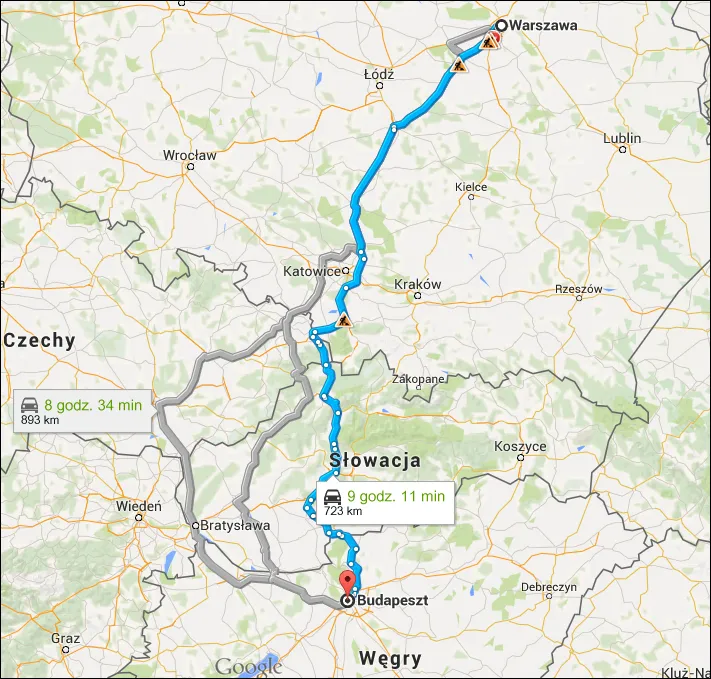 mapa trasy polska budapeszt samochodem