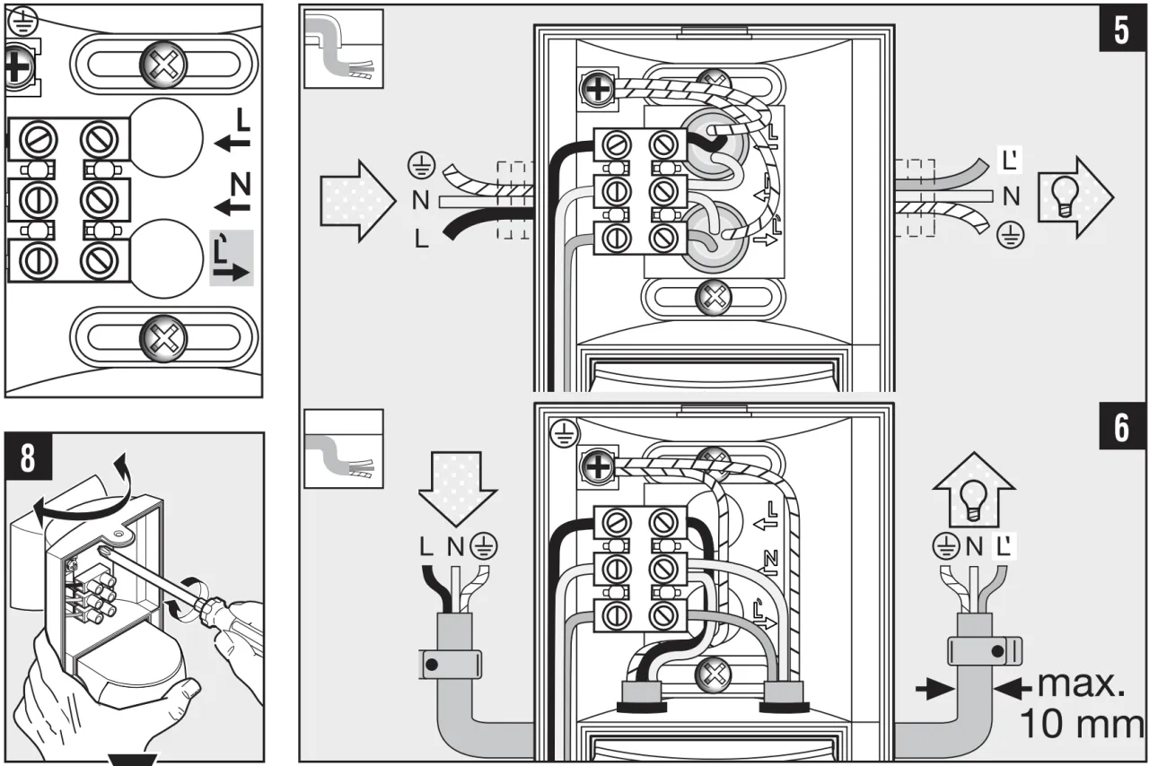 Instrukcja montażu czujnika zmierzchu: podłączanie przewod&oacute;w L, N i uziemienia.