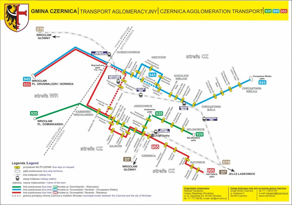 Mapa trasy autobusu 945 Wrocław Czernica