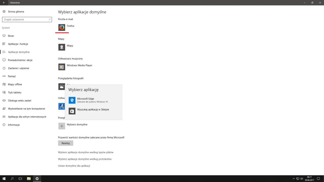 Ustawienia domyślnej przeglądarki