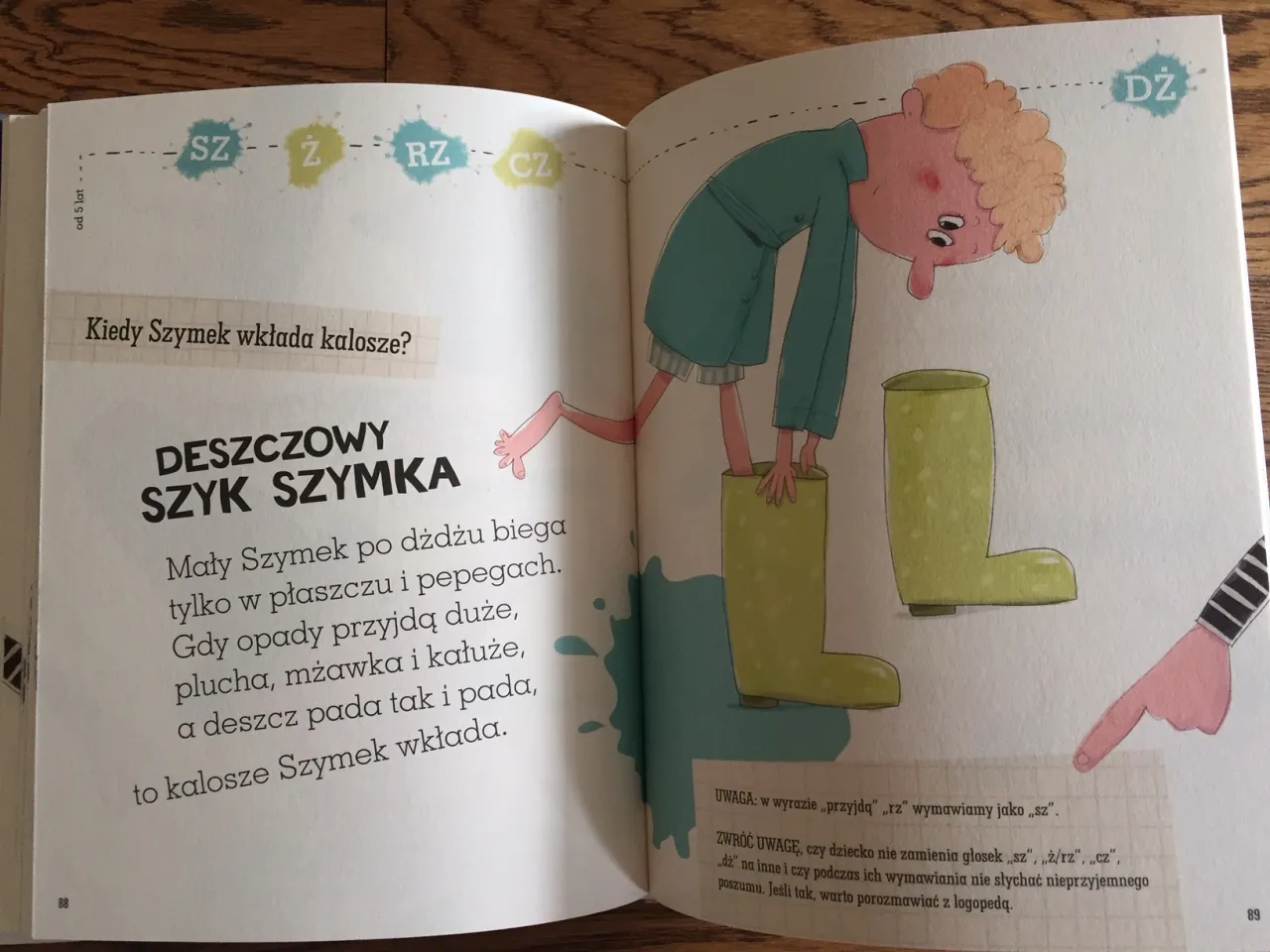 Ilustracja do śmiesznych wierszy dla dzieci: chłopiec Szyszek zakłada kalosze, bo deszcz pada.