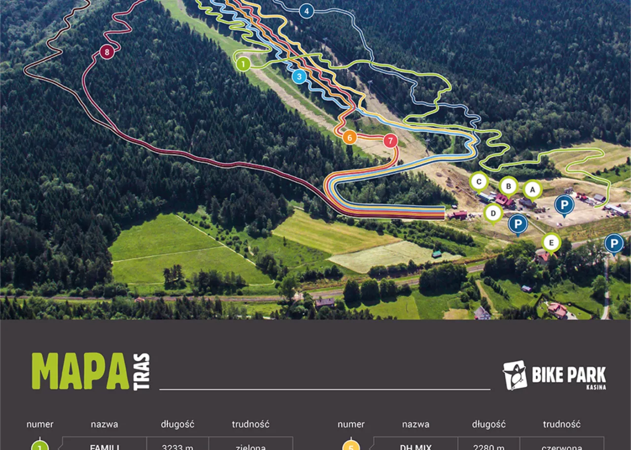 Mapa tras Bike Park Kasina z zaznaczonymi ścieżkami o różnym stopniu trudności, od zielonych po czerwone.
