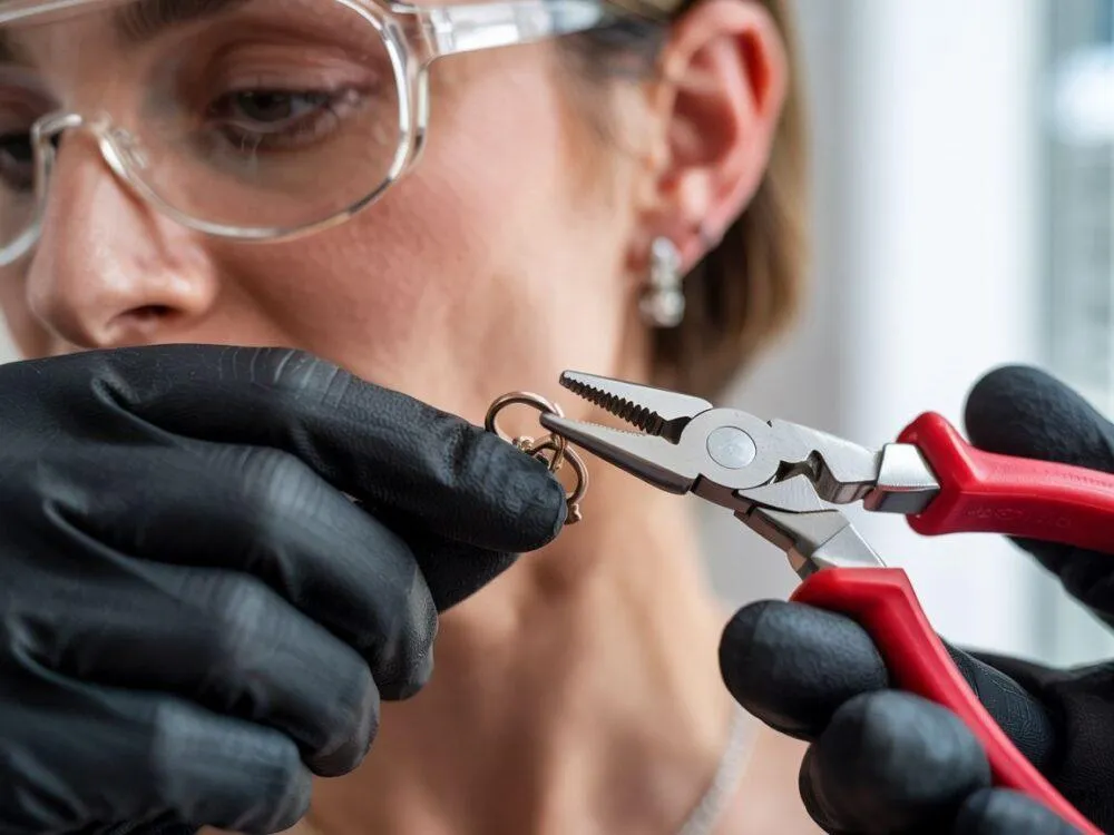 osoba odkręcająca kolczyk w rękawiczkach lateksowych