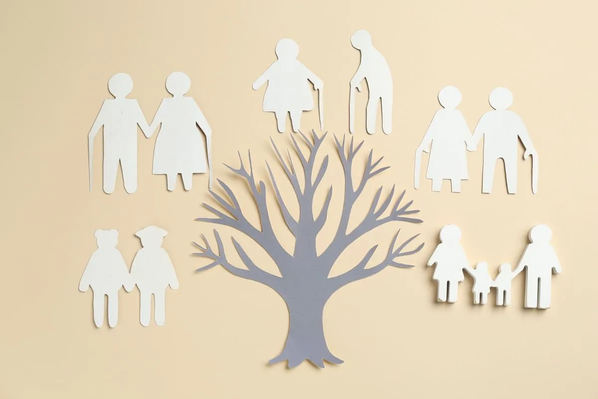 Drzewo genealogiczne z papieru symbolizuje pokolenia. Pytanie o zachowek po rodzicach do ilu lat jest ważne dla spadkobierców.