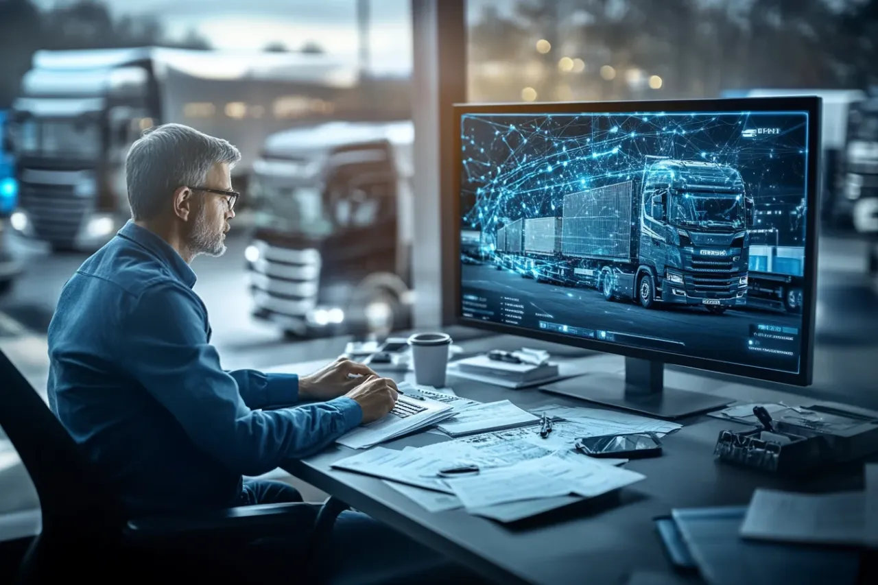 Spedytor przy komputerze monitorujący transport