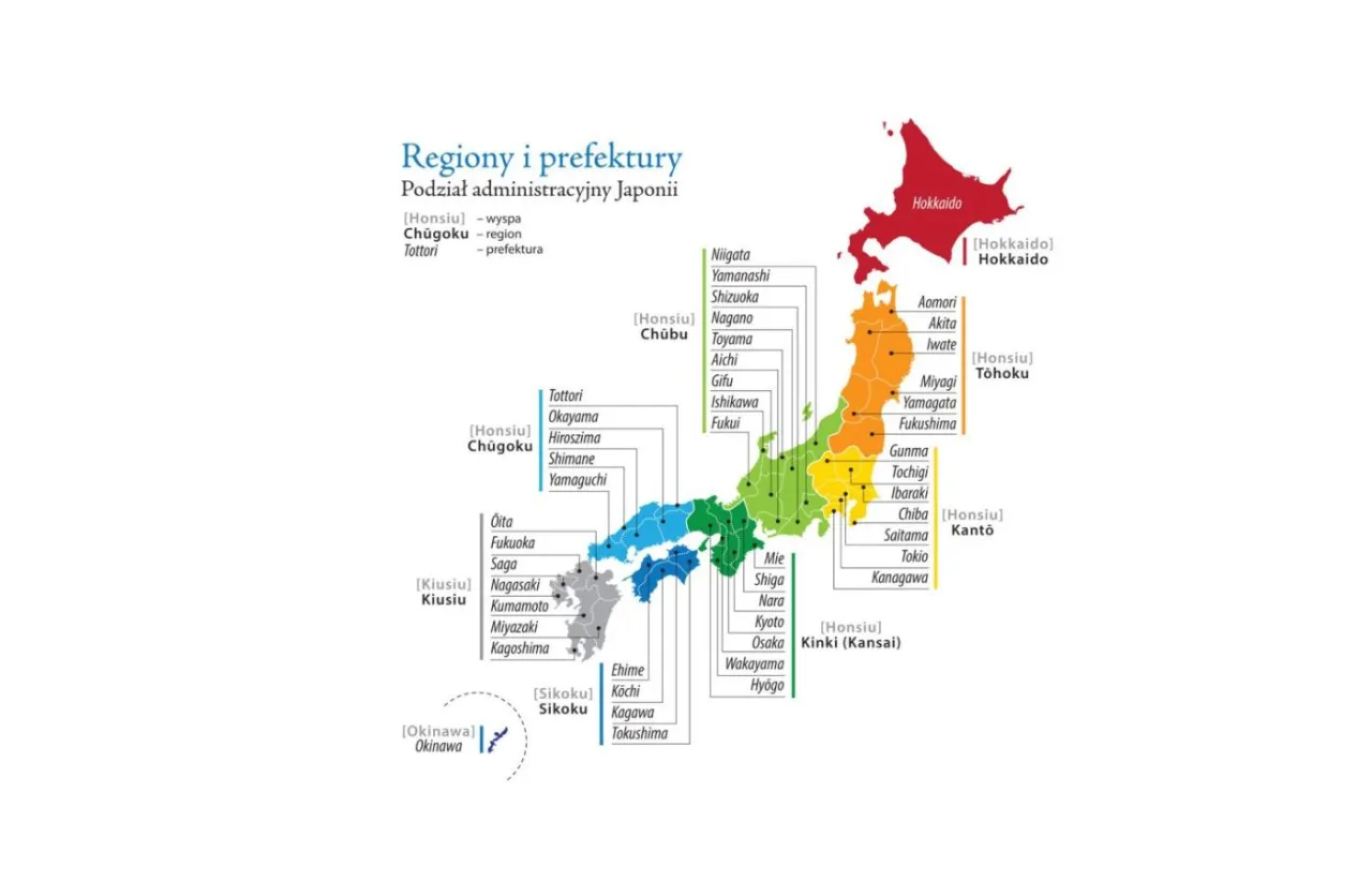 Mapa Japonii z zaznaczonymi wyspami i archipelagami