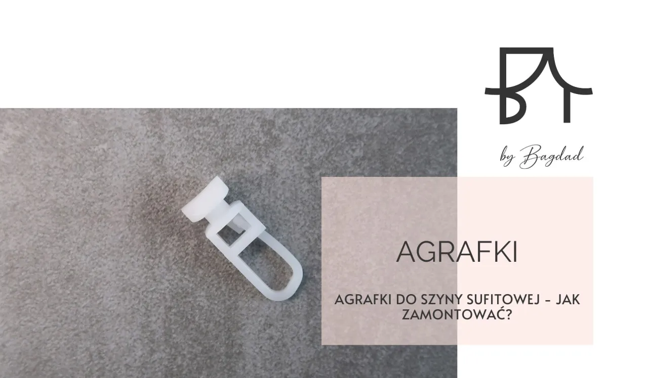 Białe agrafki do karniszy sufitowych, gotowe do montażu. Logo 