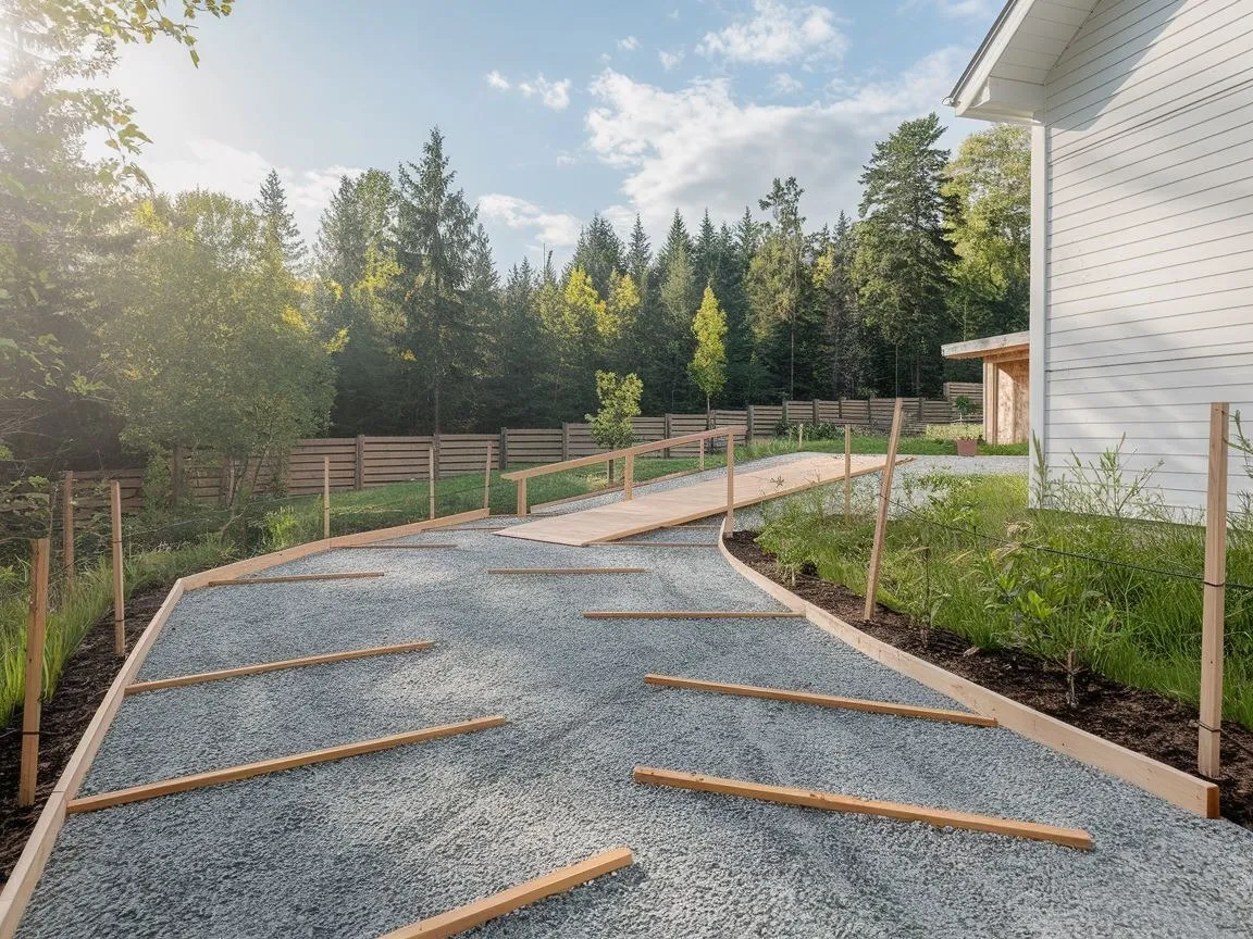 przykłady źle wykonanego podjazdu z kruszywa, koleiny na podjeździe, podjazd z chwastami