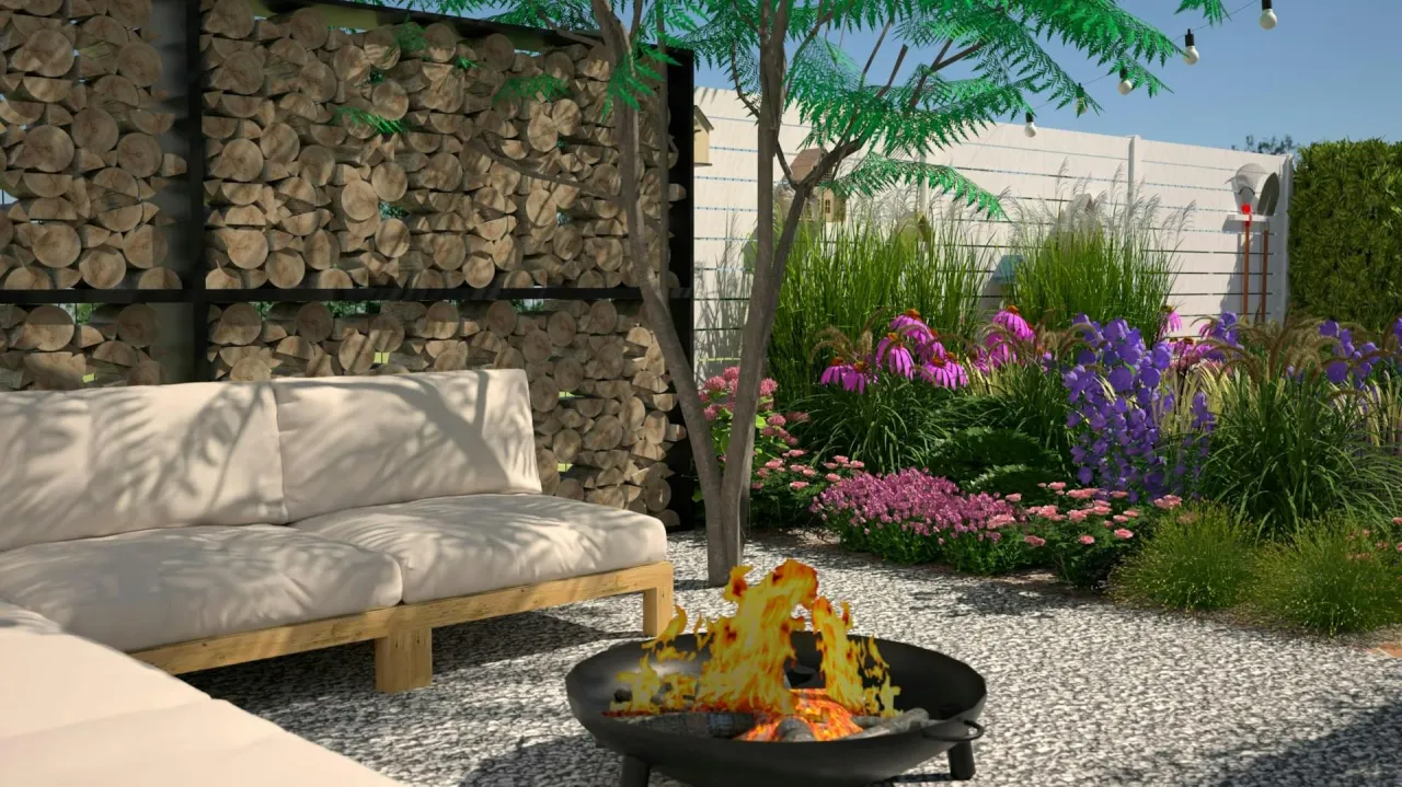 Jak urządzić ogród: przytulna strefa relaksu z paleniskiem, wygodną sofą i bujną roślinnością.