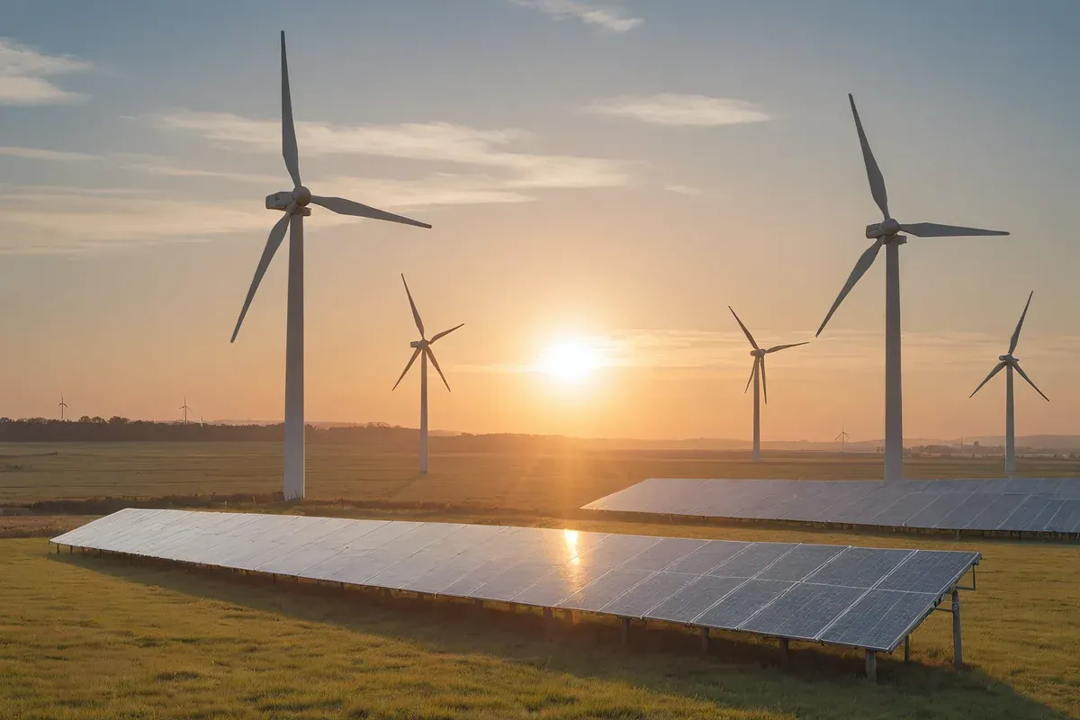 Wiatraki i panele słoneczne na tle zachodzącego słońca. To odnawialne źródła energii, które nie są biomasą.