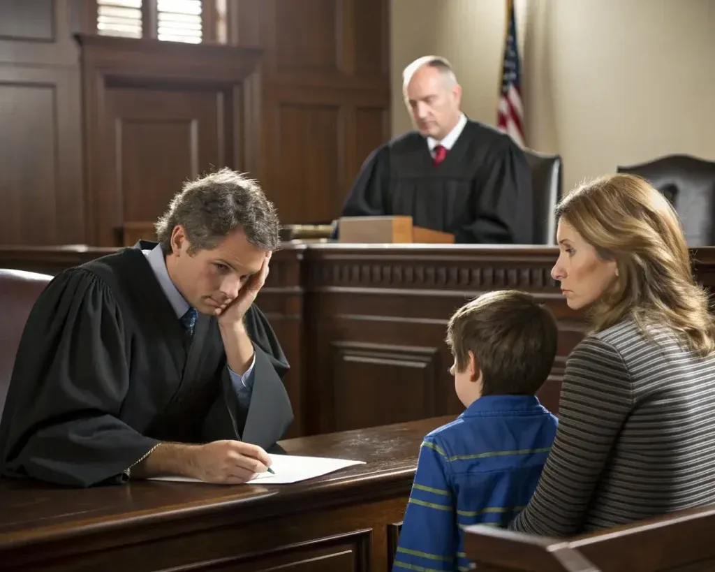 Sędzia i rodzice w sądzie rodzinnym