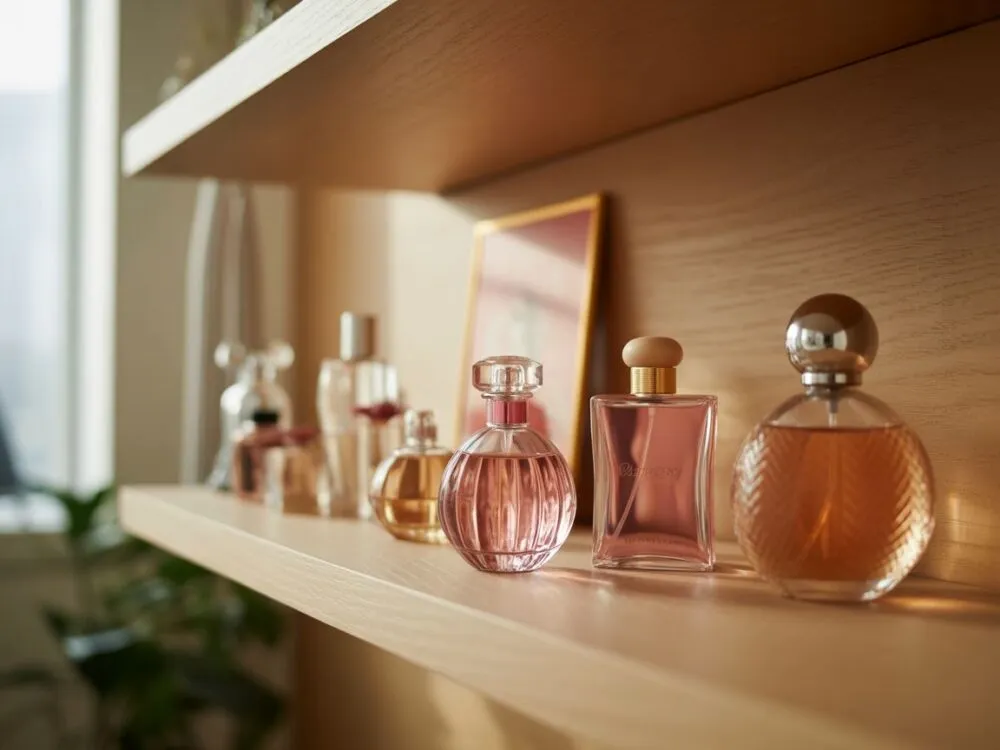 perfumy przechowywane w łazience na p&oacute;łce z parą wodną