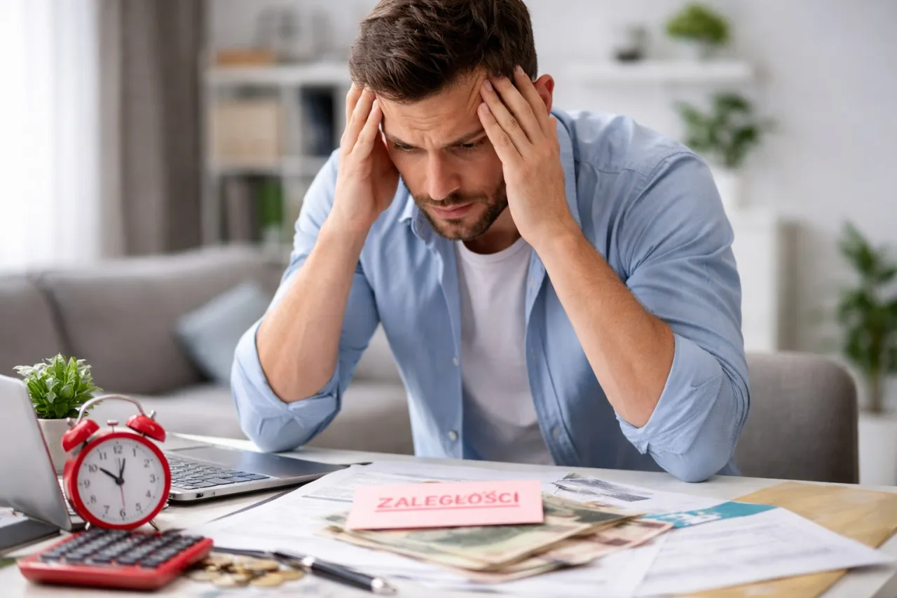 Zmartwiony mężczyzna z rękami na skroniach, siedzi przy biurku z dokumentami, kalkulatorem i zegarem. Temat: opłacanie składek ZUS samemu.