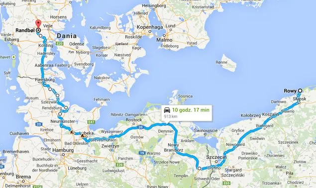 Mapa trasy samochodowej Norwegia Dania Niemcy Polska