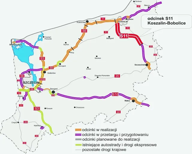 mapa dojazdu samochodem do Mielna z zaznaczonymi drogami S6 i S11