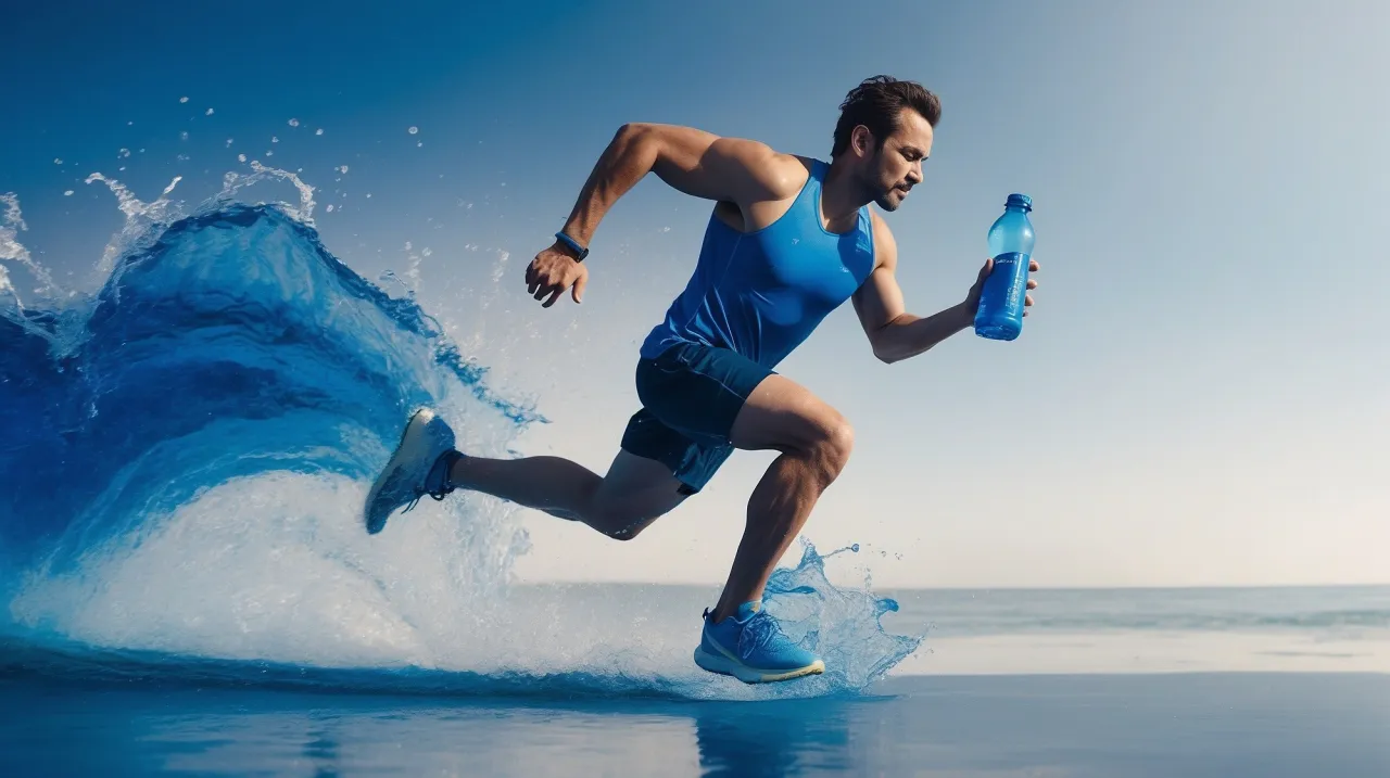 Biegacz na plaży z butelką wody, kt&oacute;ra sugeruje, czy elektrolity są zdrowe. Woda rozpryskuje się wok&oacute;ł jego st&oacute;p.