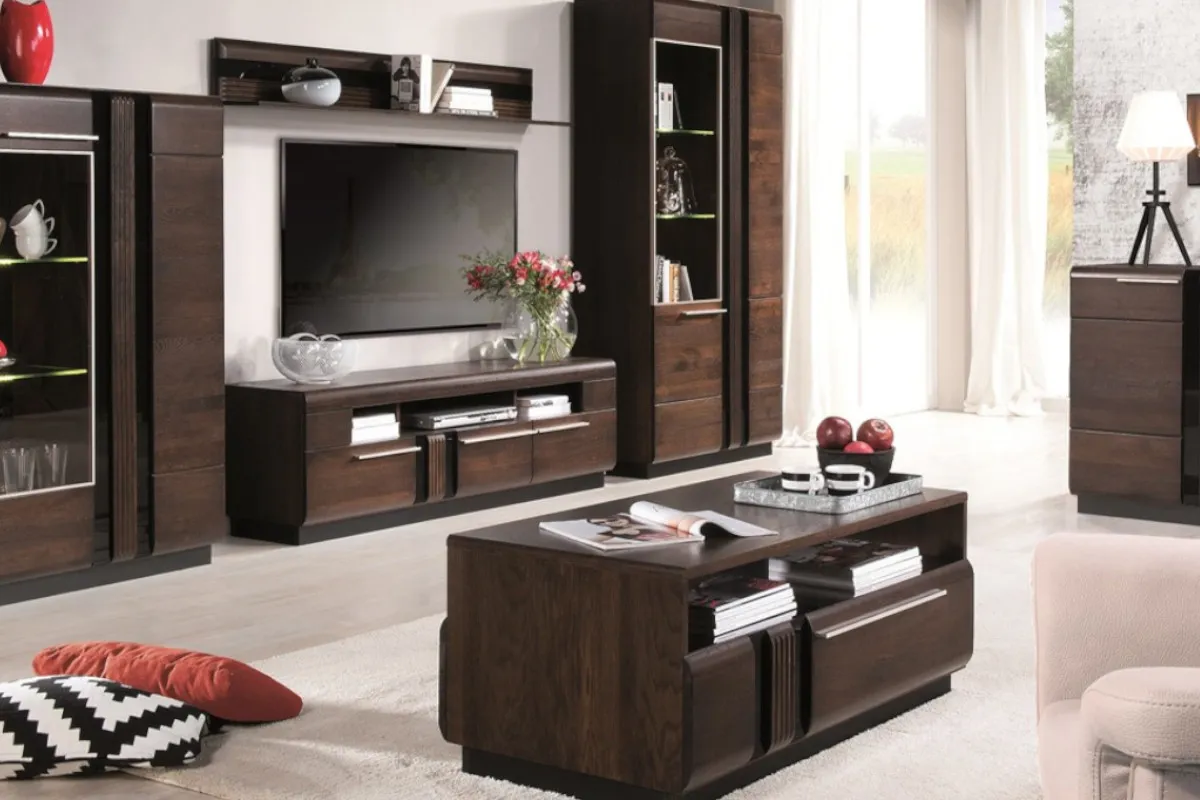 inspiracje salon ciemne meble jasne ściany