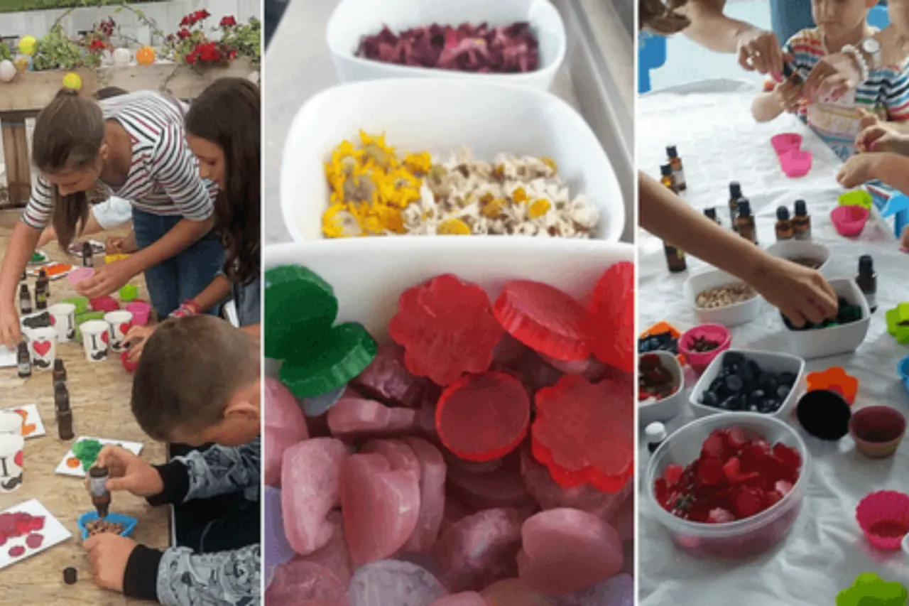 Dzieci tworzą kolorowe mydełka z dodatkami, ucząc się, jak zrobić mydełka z dziećmi.