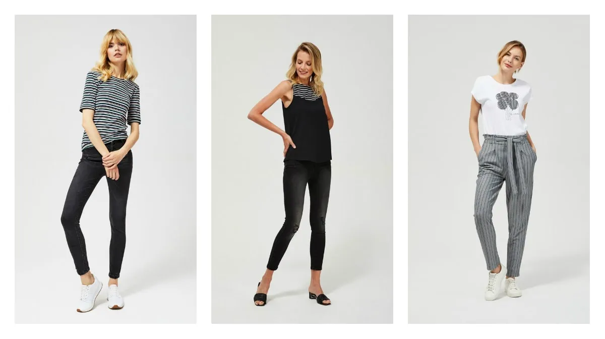 stylizacje czarna bluzka kolorowe spodnie