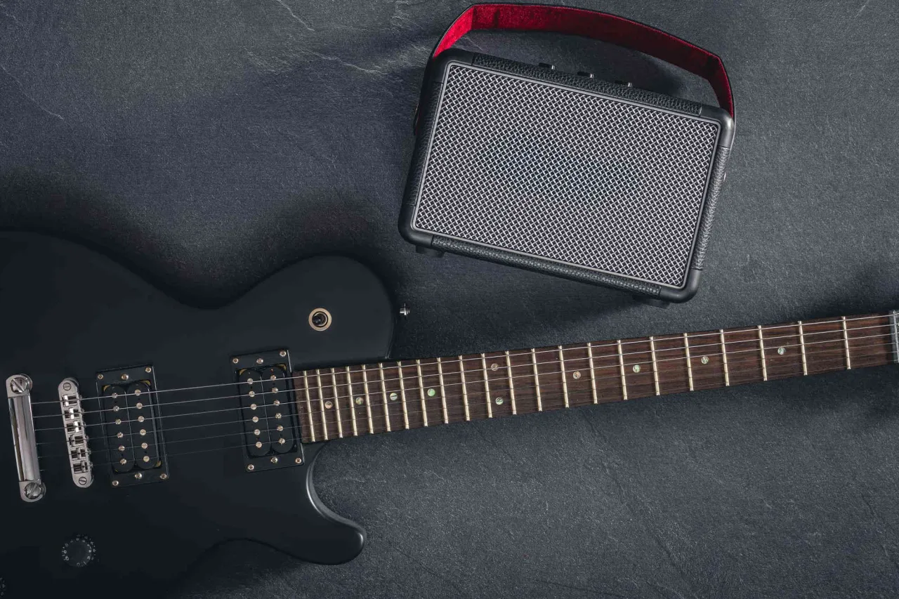 schemat budowy gitary elektrycznej z opisem części