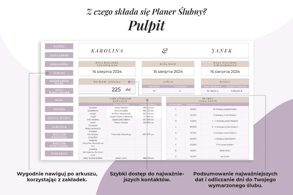 Kalendarz ślubny z zaznaczonymi datami zakupu garnituru