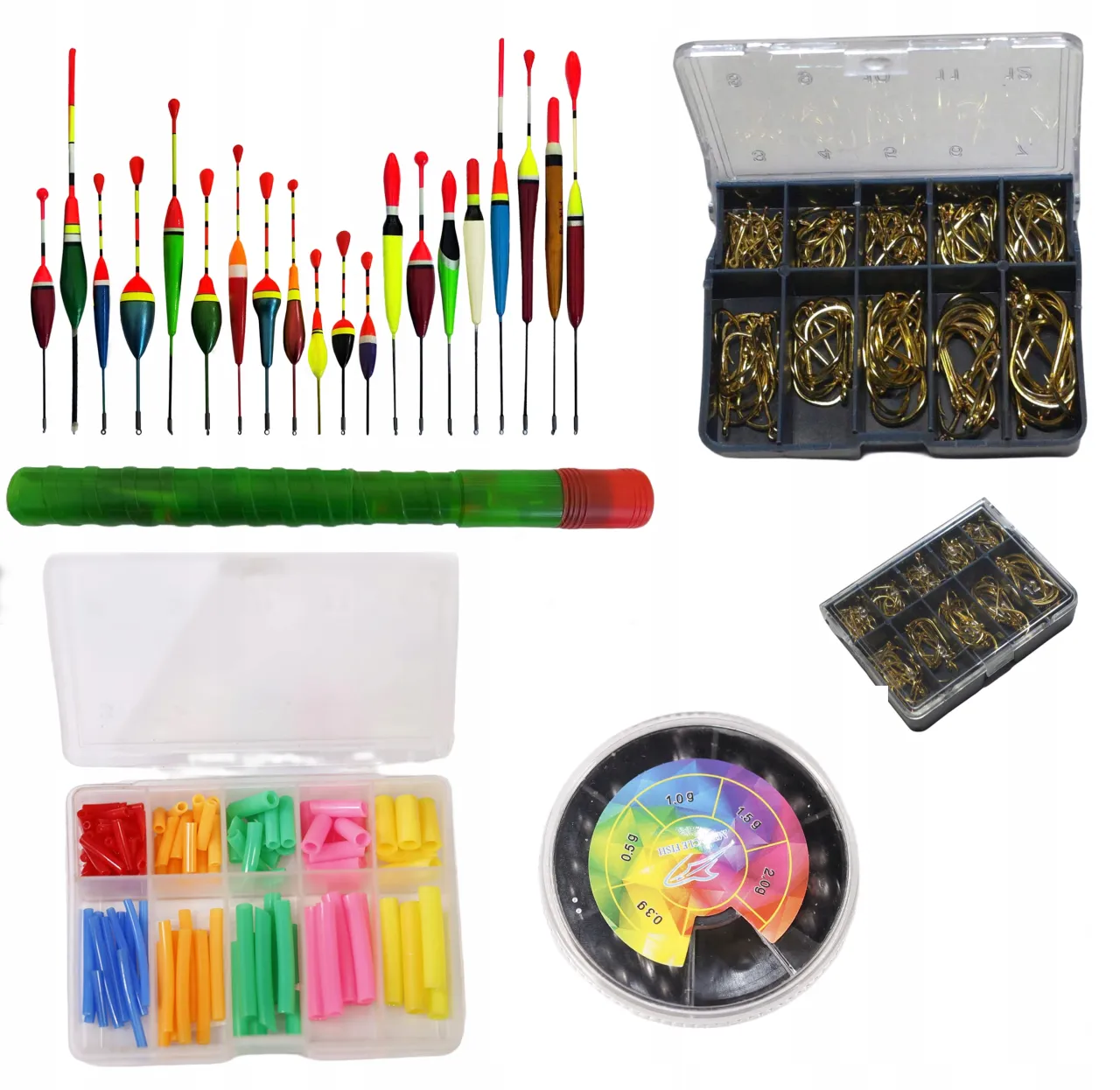 różne rodzaje haczyków wędkarskich do spławika z przynętami