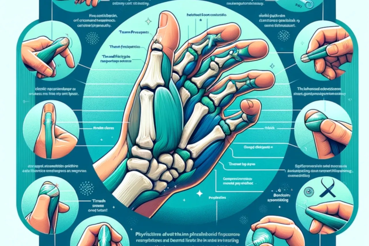 Anatomia dłoni z zaznaczonymi mięśniami i kośćmi. Ilustracja pokazuje, ile trwa rehabilitacja po złamaniu ręki, z różnymi etapami leczenia.