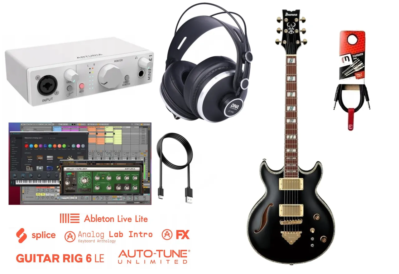 Zestaw do nagrywania muzyki: gitara elektryczna, słuchawki, interfejs audio, kable i oprogramowanie. Sprawdź, czy do gitary elektrycznej można podłączyć słuchawki.