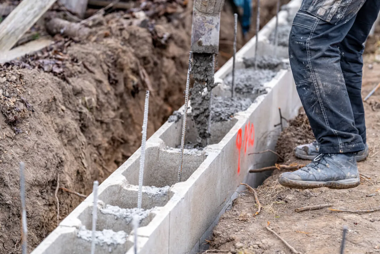 Beton wylewany do pustaków, tworząc fundament. To właśnie szalunek co to jest, czyli tymczasowa konstrukcja do formowania betonu.