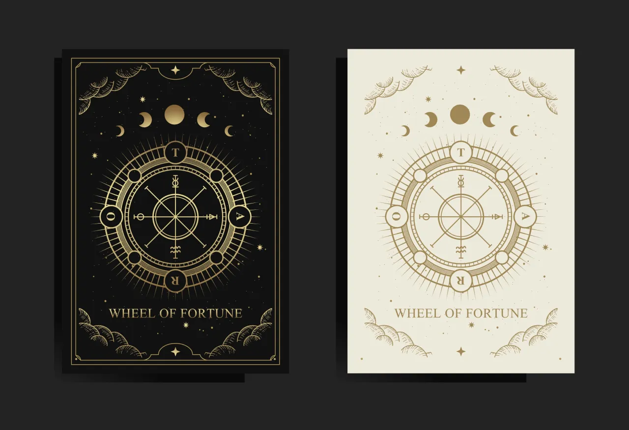 Złota karta Koło Fortuny, symbolizująca cykle życia i przeznaczenie, otoczona księżycami i gwiazdami.