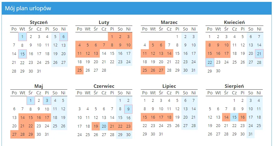 Obliczanie urlopu wypoczynkowego kalendarz