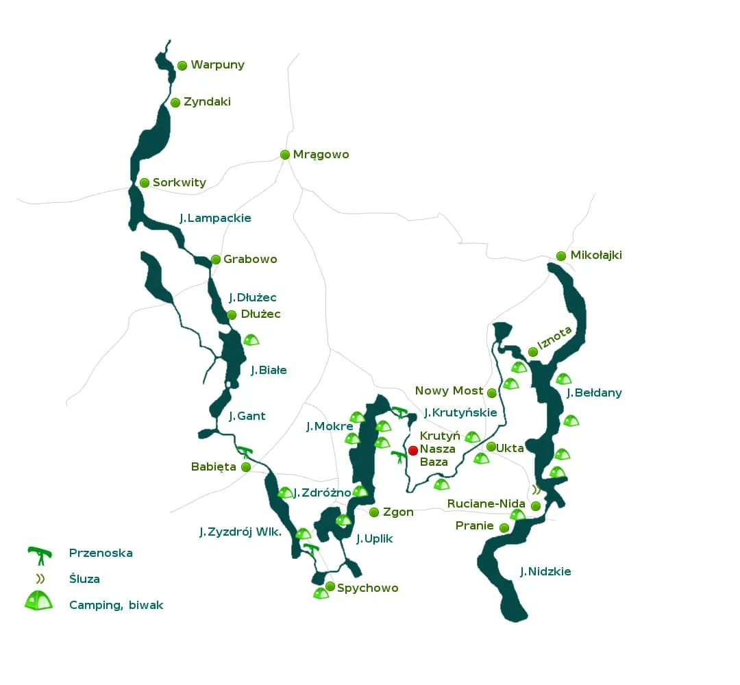 Mapa szlaku kajakowego Krutyni